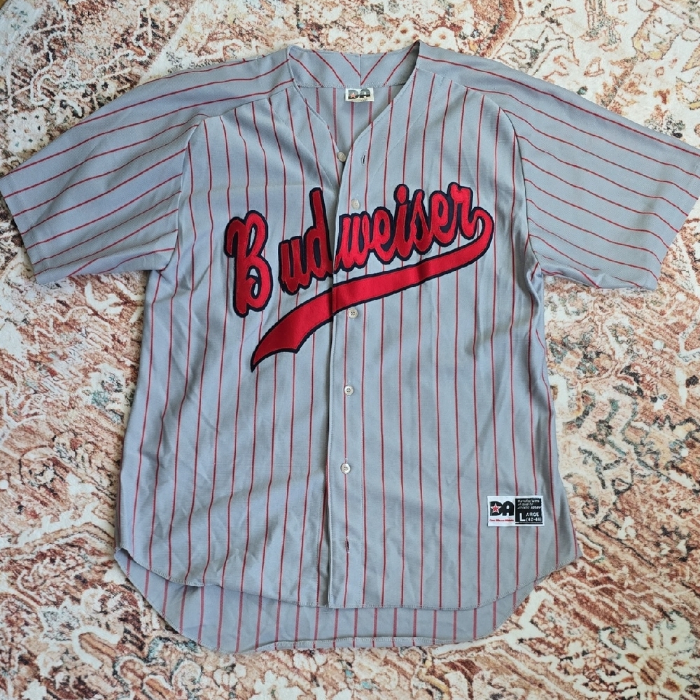 Vintage Budweiser Gray and Red Striped Jersey Size L